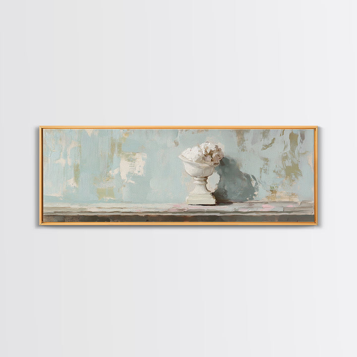 White Floral Urn Still Life Framed Canvas Print, Minimalist Wall Art, Neutral Calming Bathroom Decor, Wabi Sabi Home Decor