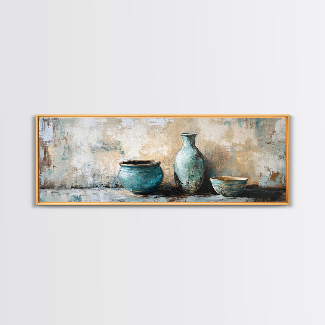 Turquoise Ceramic Vessels Still Life, Rustic Neutral Framed Canvas Print, Kitchen Wall Art, Modern Farmhouse Housewarming Gift