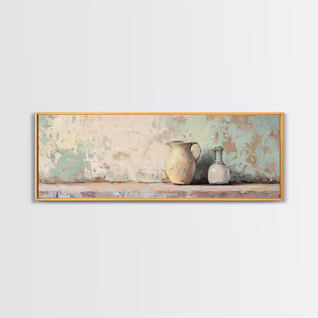 Cream Pitcher And Glass Bottle Still Life Canvas Print, Rustic Farmhouse Wall Art, Neutral Kitchen Decor, Housewarming Gift