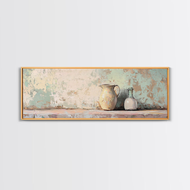 Cream Pitcher And Glass Bottle Still Life Canvas Print, Rustic Farmhouse Wall Art, Neutral Kitchen Decor, Housewarming Gift