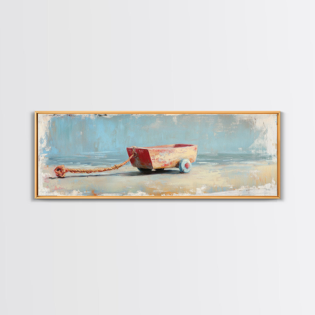 Small Red Toy Boat With Rope Framed Canvas Print, Nautical Wall Art, Coastal Nursery Decor, Beach House Gift For Kids Room Decor