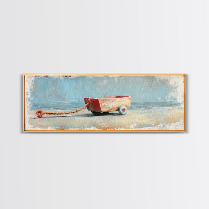 Small Red Toy Boat With Rope Framed Canvas Print, Nautical Wall Art, Coastal Nursery Decor, Beach House Gift For Kids Room Decor