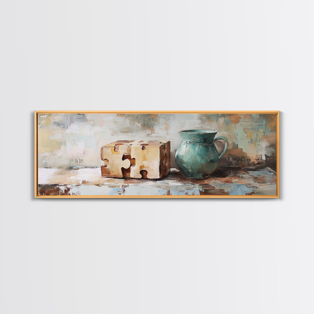 Teal Pitcher And Puzzle Pieces Still Life Canvas Print, Rustic Wall Art, Quirky Kitchen Decor, Unique Housewarming Gift For Her