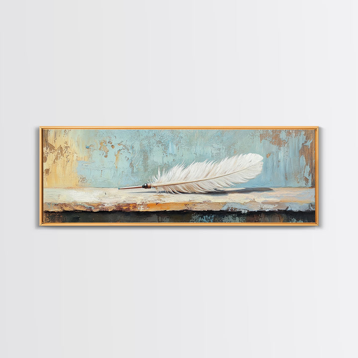 White Feather Still Life On Blue Canvas Print, Boho Wall Art, Minimalist Nature Decor, Peaceful Bedroom Decor Gift For Her