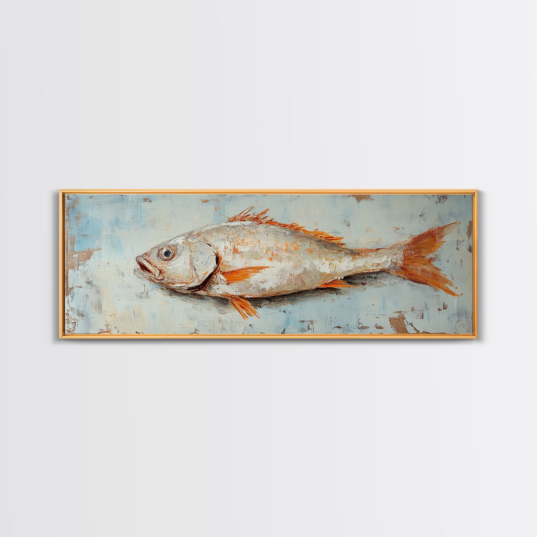 Textured Silver Fish Coastal Wall Art, Nautical Kitchen Decor, Seafood Painting Print, Beach House Ocean Art, Rustic Canvas