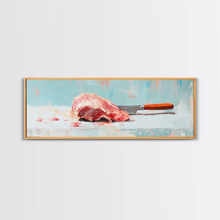 Pink Steak And Knife Kitchen Canvas Print, Butcher Shop Wall Decor, Foodie Gift, Rustic Still Life Art For Dining Room Decor