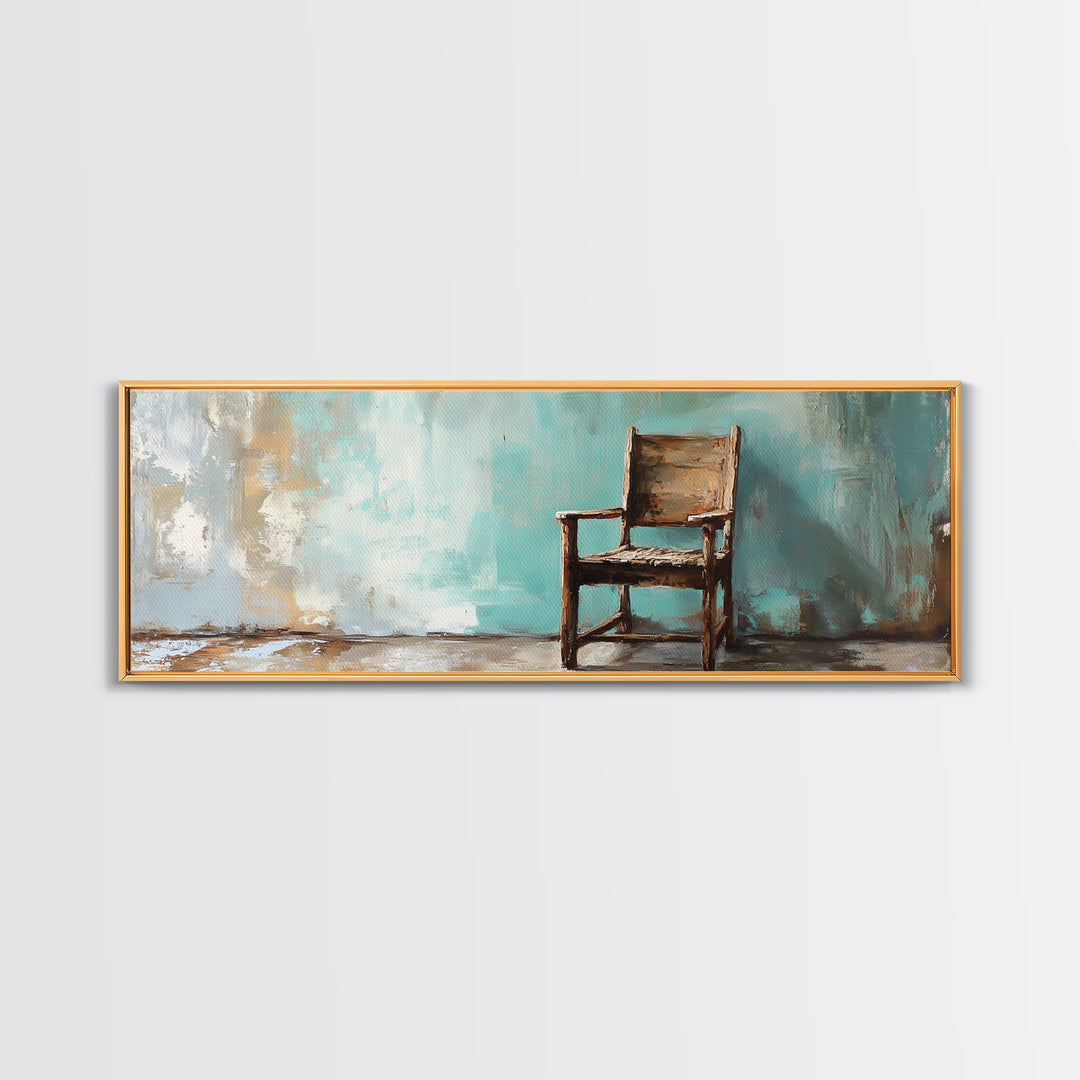 Rustic Empty Chair Wall Art, Moody Minimalist Framed Canvas Print, Wabi Sabi Office Decor, Neutral Living Room Wall Decor
