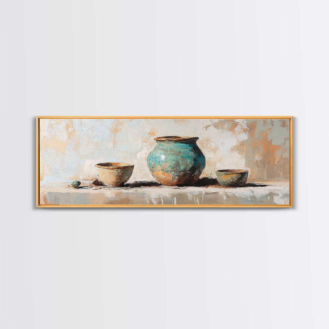 Turquoise Pottery Still Life Wall Art, Rustic Kitchen Decor, Farmhouse Canvas Print, Neutral Dining Room Art Print Gift Idea