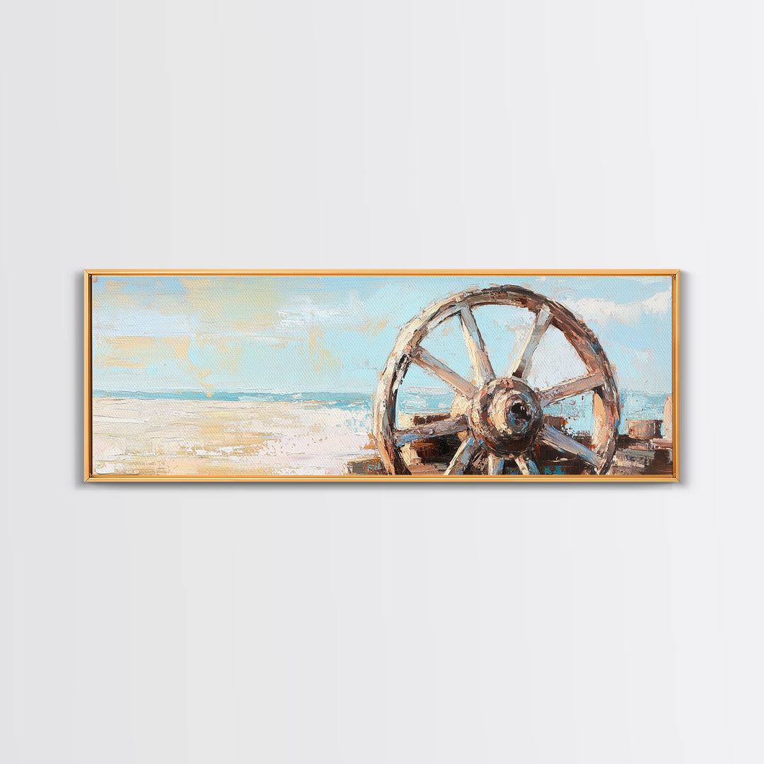 Weathered Wagon Wheel Wall Art, Coastal Beach Decor, Rustic Nautical Canvas Print, Beach House Wall Decor, Large Seascape Gift