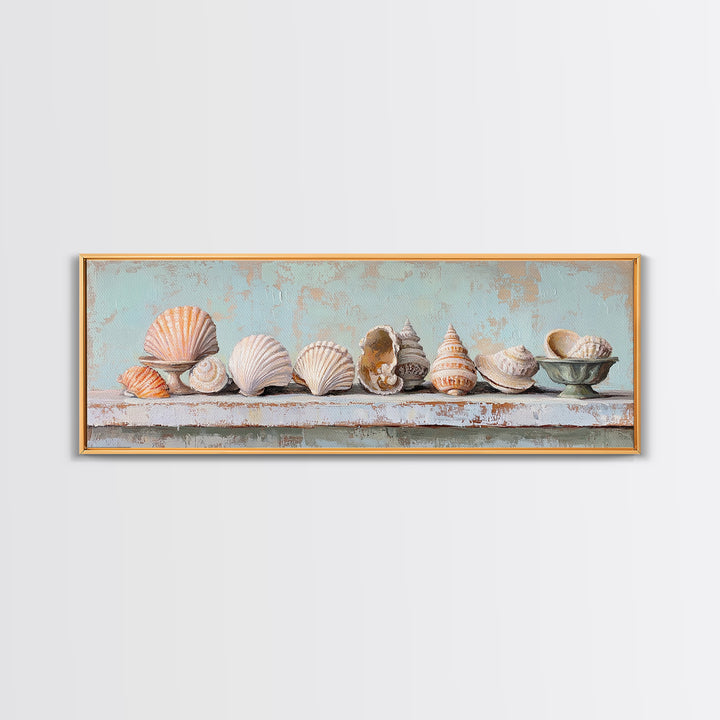 Pastel Seashell Shelf Still Life Framed Canvas Print, Coastal Wall Art, Beach House Decor, Nautical Bathroom Wall Decor, Ocean Print