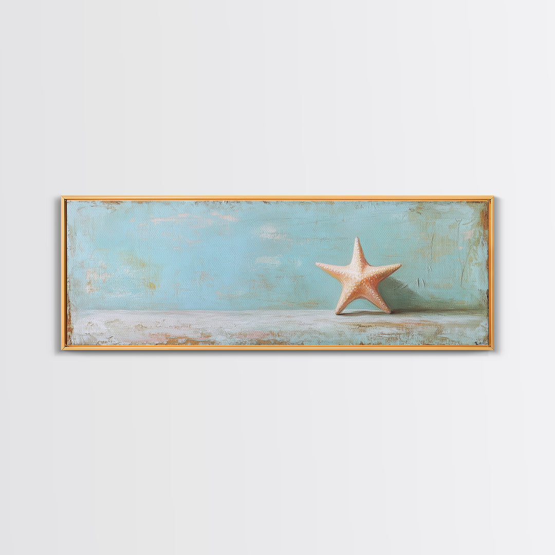 Single Starfish On Weathered Blue Shelf Wall Art, Minimalist Coastal Decor, Beach House Bathroom Canvas Print, Ocean Wall Decor
