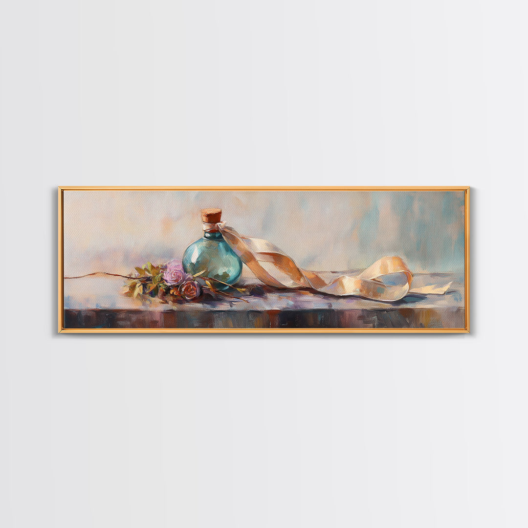 Coastal Bottle Ribbon And Shell Still Life Framed Canvas Print, Beach House Wall Art, Nautical Decor, Soft Pastel Art, Home Decor