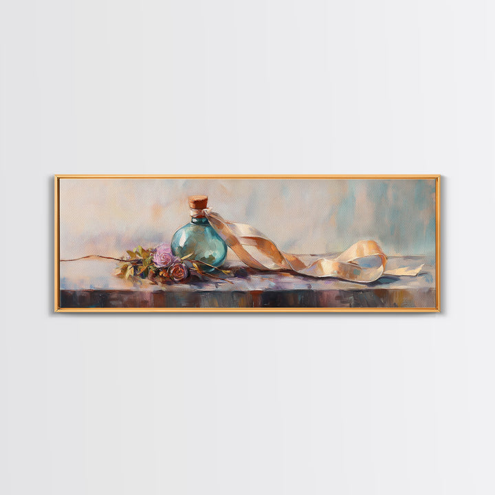 Coastal Bottle Ribbon And Shell Still Life Framed Canvas Print, Beach House Wall Art, Nautical Decor, Soft Pastel Art, Home Decor