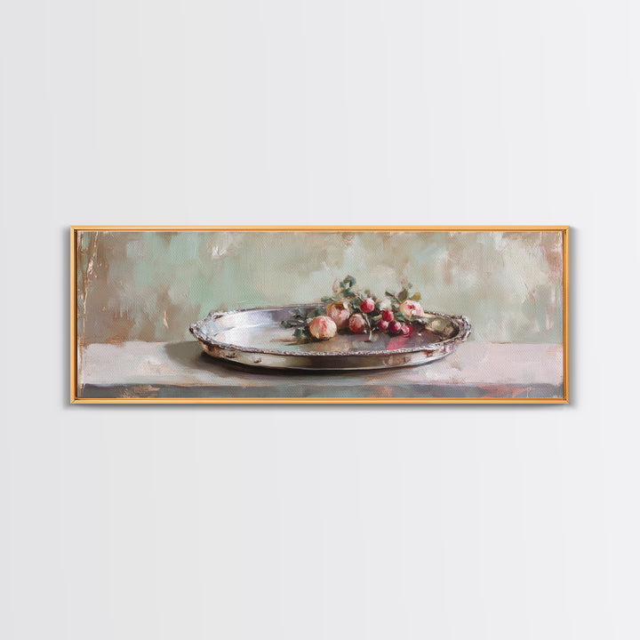 Antique Silver Tray With Red Berries Wall Art, Rustic Still Life Framed Canvas Print, Farmhouse Dining Room Decor, Kitchen Wall Decor
