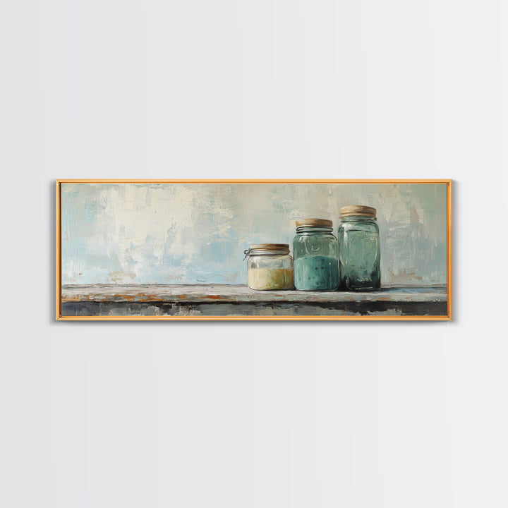 Minimalist Blue Glass Jars Canvas Print, Rustic Kitchen Wall Decor, Neutral Home Decor, Farmhouse Art, Modern Still Life Print