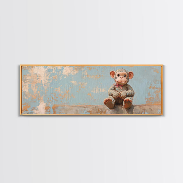 Plush Monkey Toy On Blue Nursery Wall Art, Whimsical Animal Art, Kids Room Decor, Baby Shower Gift, Cute Animal Canvas Print