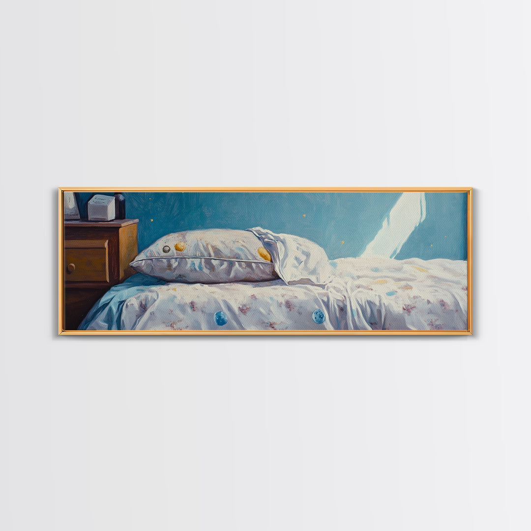 Sunlit Floral Bed With Blue Pillow Wall Art, Cozy Bedroom Decor, Guest Room Art, Above Bed Print, Romantic Canvas Print For Her