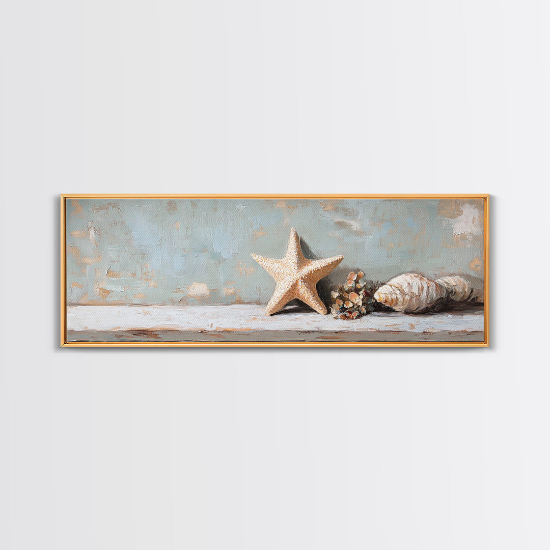 Starfish And Conch Shell Wall Art, Coastal Bathroom Decor, Beach House Canvas Print, Nautical Ocean Home Decor Housewarming Gift