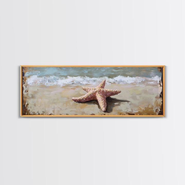 Pink Starfish On Sandy Beach Canvas Print, Coastal Wall Art, Ocean Waves Decor, Summer Beach House Bathroom Wall Decor Gift
