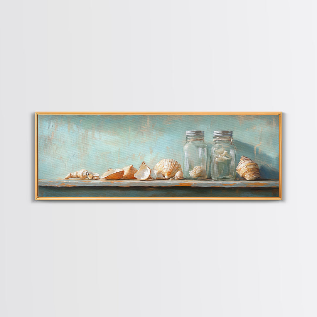 Seashells And Glass Jars Wall Art, Coastal Bathroom Decor, Beach House Canvas Print, Nautical Ocean Home Shelf Decor Gift