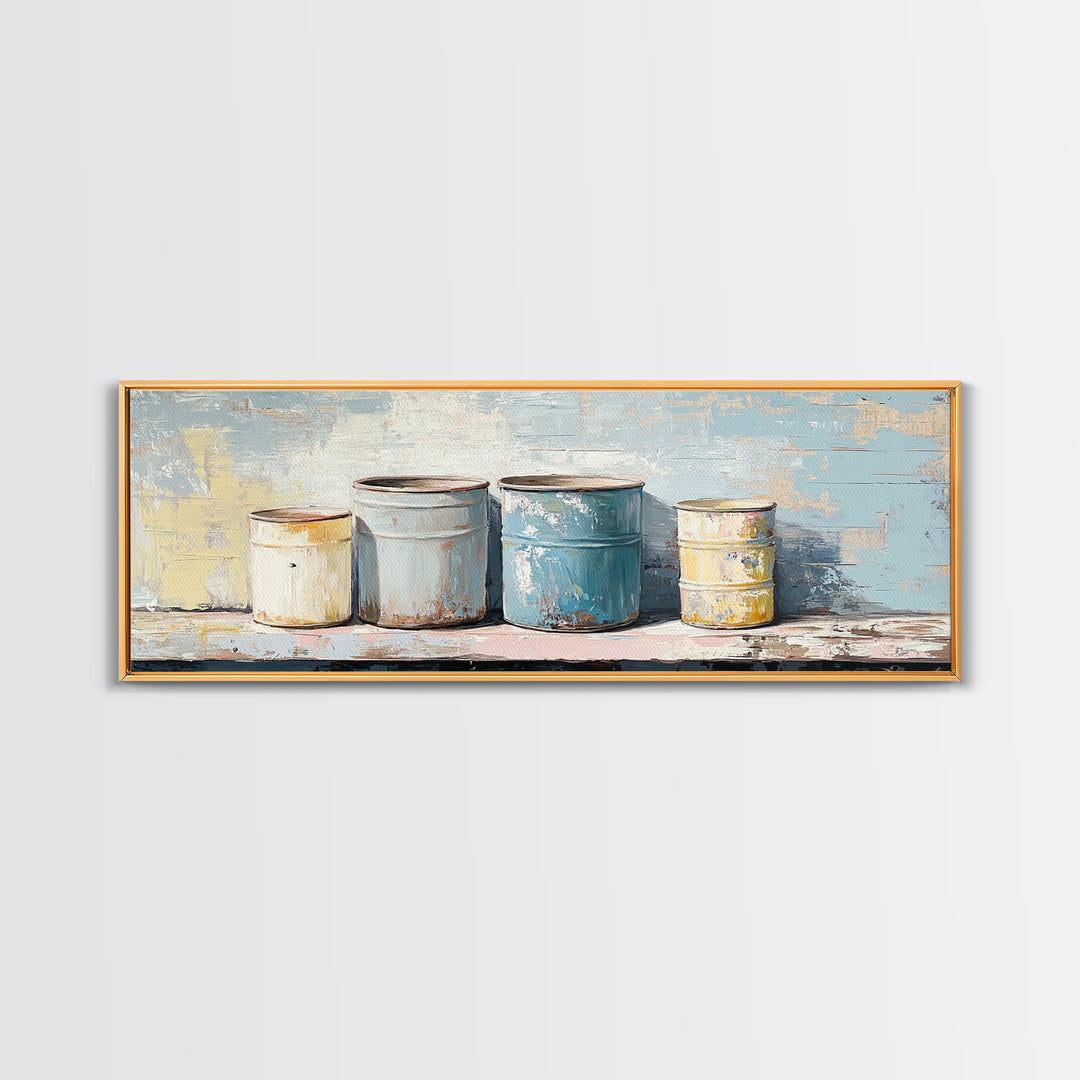 Weathered Paint Cans Still Life Wall Art, Rustic Studio Decor, Industrial Canvas Print, Blue Neutral Workshop Wall Decor Gift