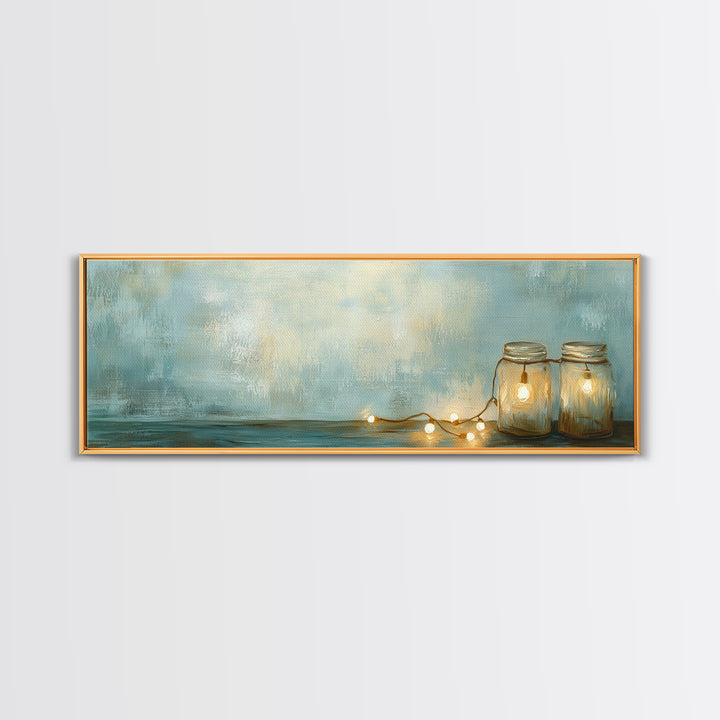 Glowing Mason Jar Lights Canvas Print, Cozy Farmhouse Wall Decor, Rustic Home Decor, Bedroom Art, Housewarming Gift For Her