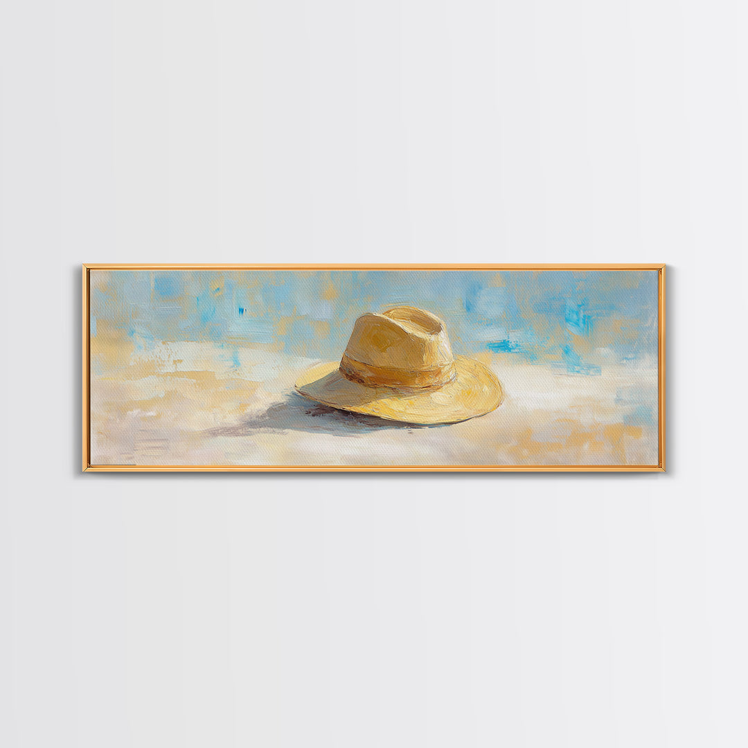 Straw Sun Hat Canvas Print, Coastal Beach Wall Art, Summer Home Decor, Minimalist Seascape, Vacation Housewarming Gift Idea