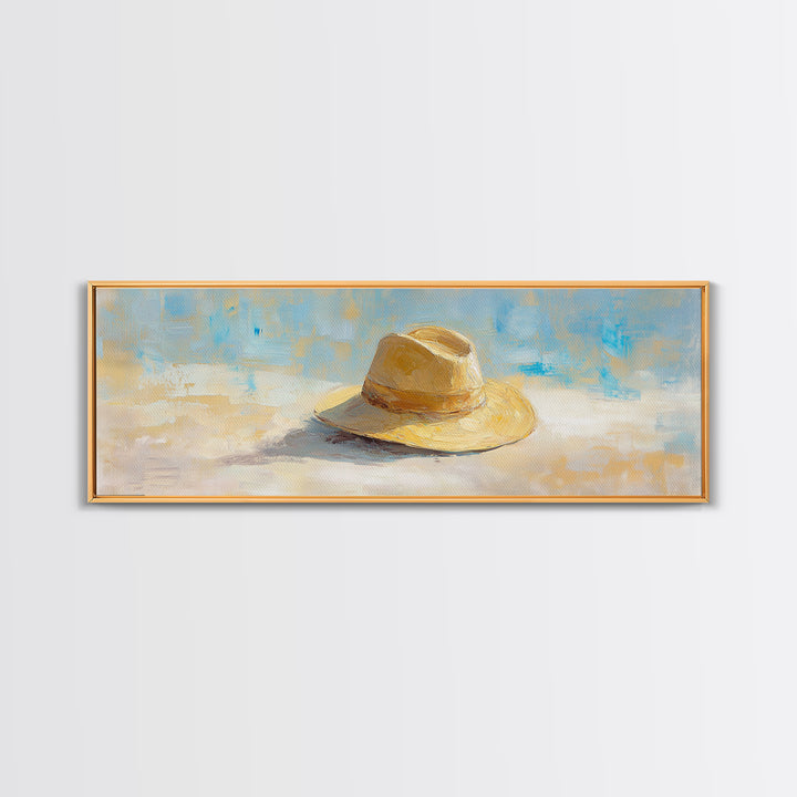 Straw Sun Hat Canvas Print, Coastal Beach Wall Art, Summer Home Decor, Minimalist Seascape, Vacation Housewarming Gift Idea