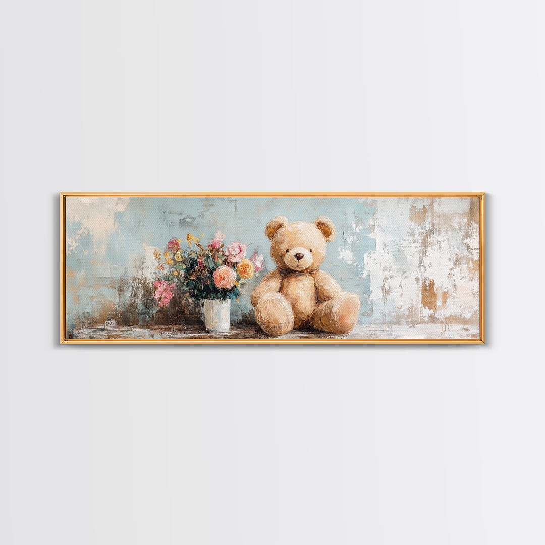 Teddy Bear With Flower Vase Canvas Print, Nursery Wall Art, Whimsical Kids Room Decor, Baby Shower Gift, Cute Animal Art