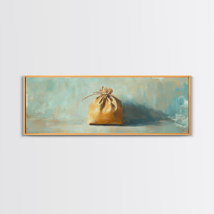 Small Burlap Drawstring Bag Canvas Print, Minimalist Wall Art, Rustic Home Decor, Neutral Still Life, Cozy Farmhouse Kitchen Art