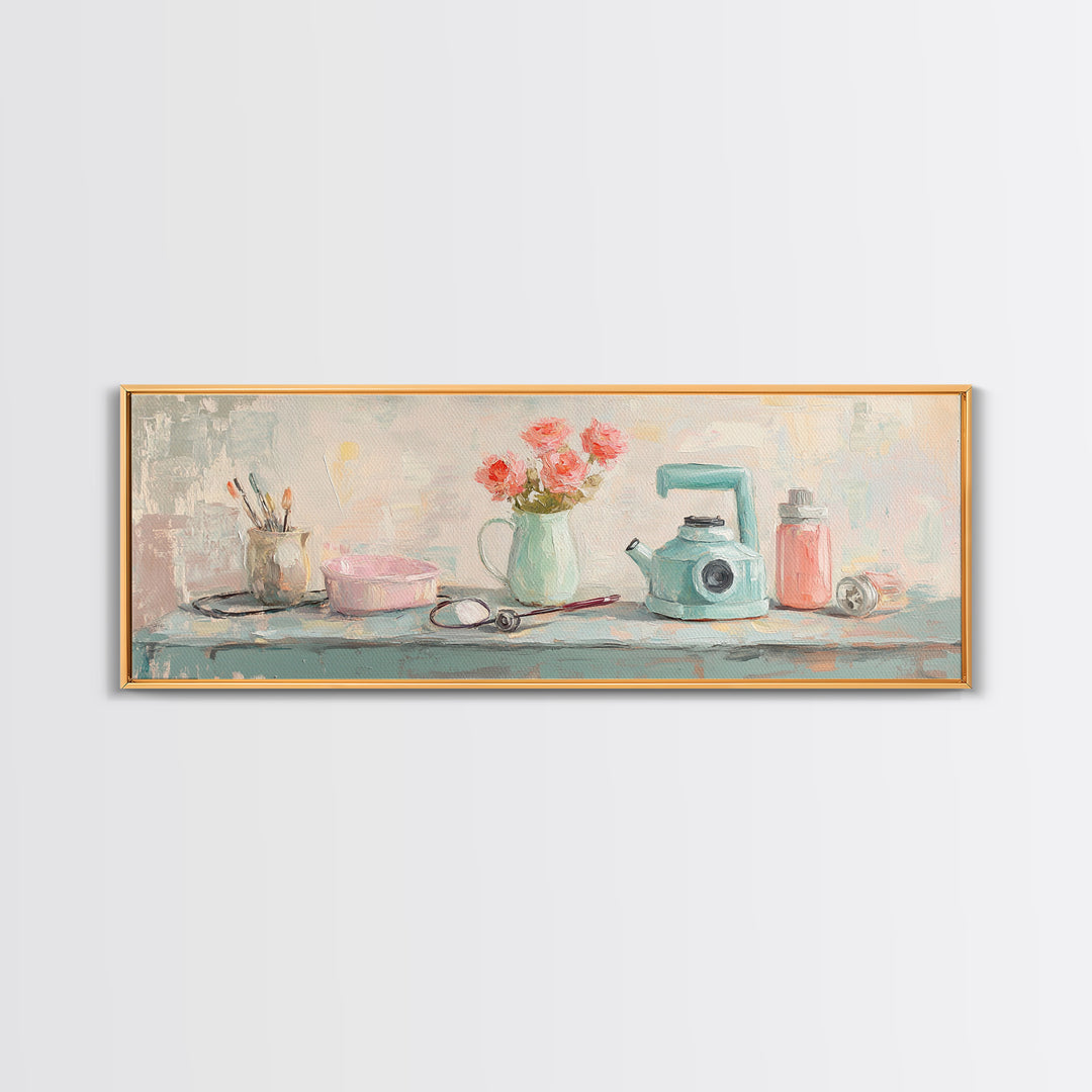 Pastel Vanity Shelf With Flowers Framed Canvas Print, Feminine Bathroom Wall Art, Beauty Room Decor, Gift For Her, Girly Decor