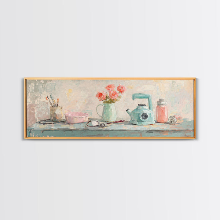 Pastel Vanity Shelf With Flowers Framed Canvas Print, Feminine Bathroom Wall Art, Beauty Room Decor, Gift For Her, Girly Decor