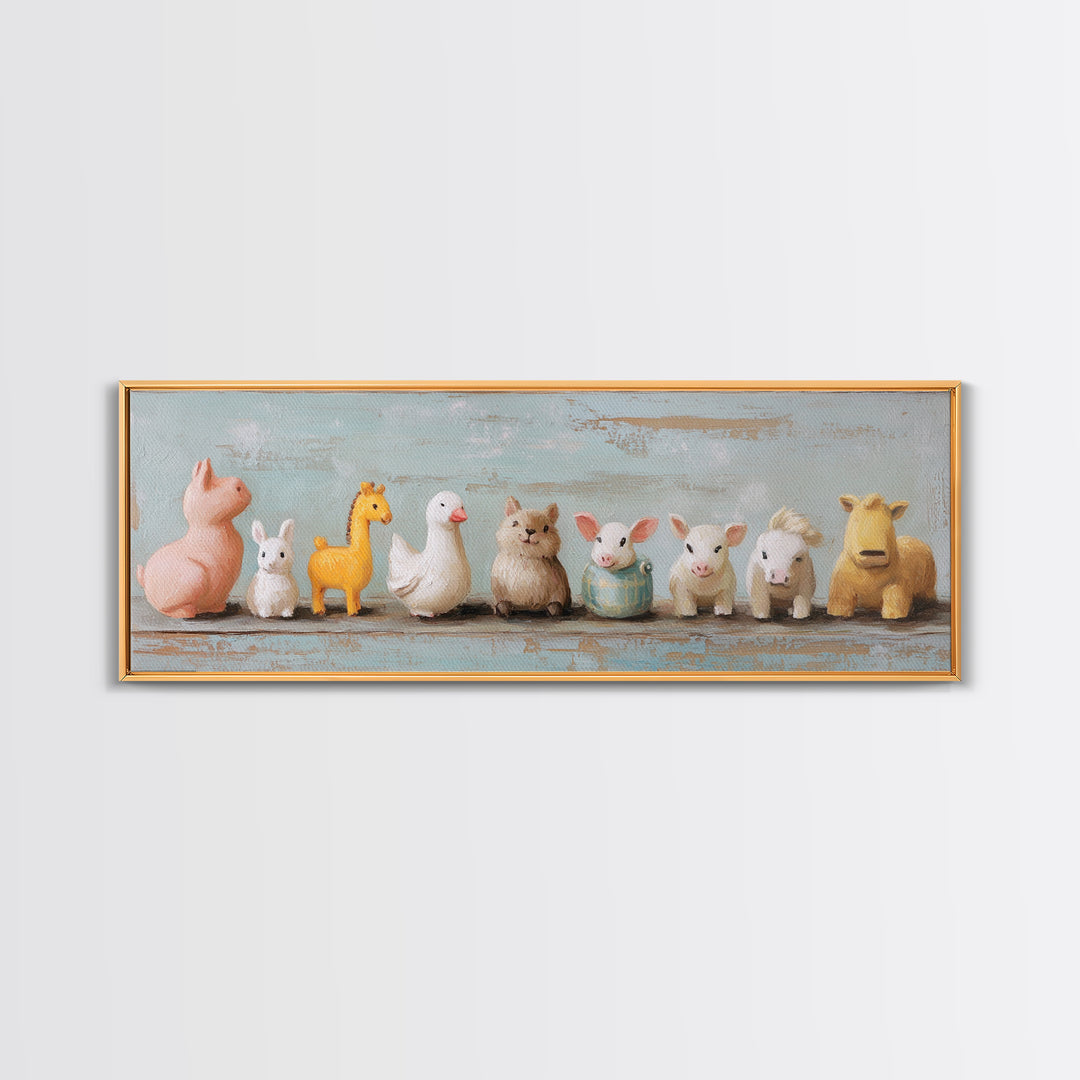 Cute Toy Animal Lineup Canvas Print, Whimsical Nursery Wall Art, Kids Room Decor, Playroom Art, Baby Animal Gift For Her