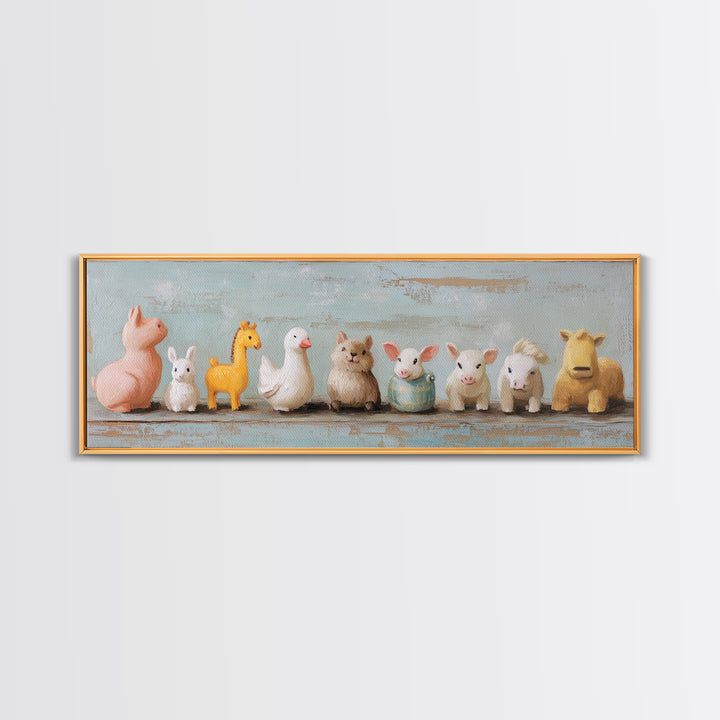 Cute Toy Animal Lineup Canvas Print, Whimsical Nursery Wall Art, Kids Room Decor, Playroom Art, Baby Animal Gift For Her