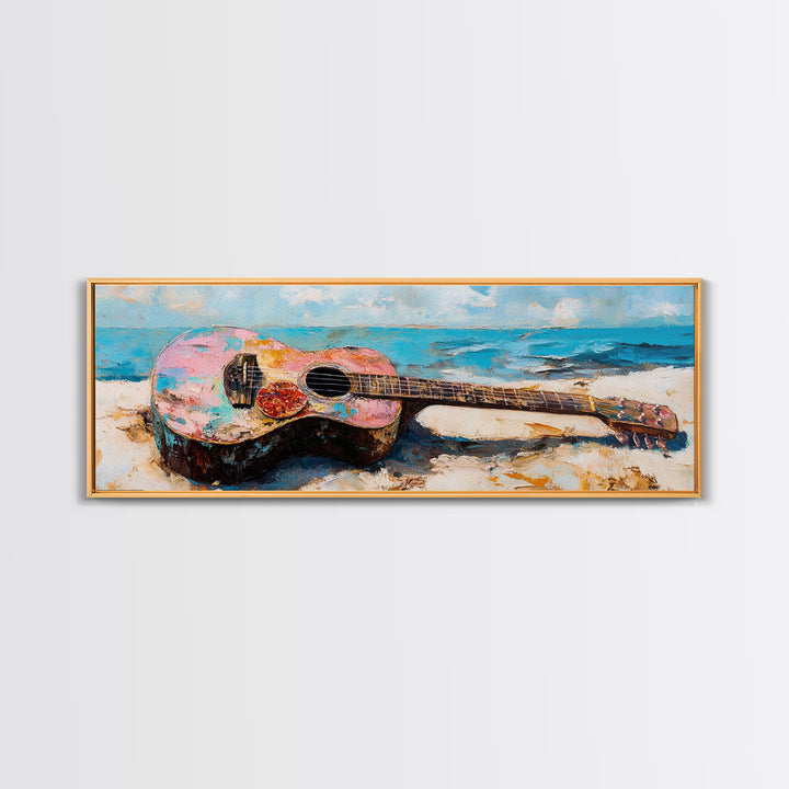 Weathered Acoustic Guitar On Beach Canvas Print, Coastal Wall Art, Music Room Decor, Ocean Art Print, Gift For Guitar Lover