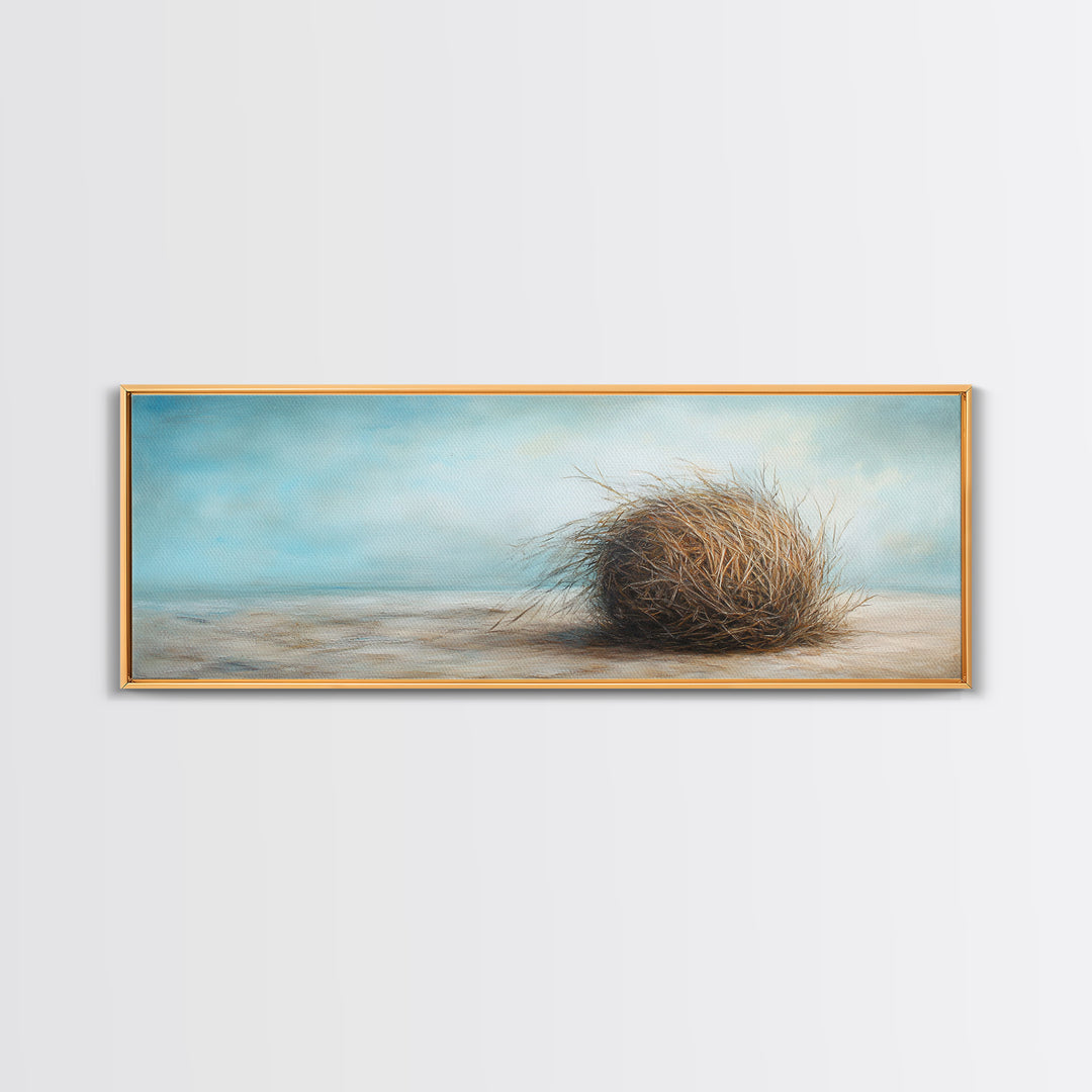 Coastal Tumbleweed On Sandy Shore Canvas Print, Neutral Beach Wall Art, Seascape Decor, Calm Ocean Landscape Painting Gift