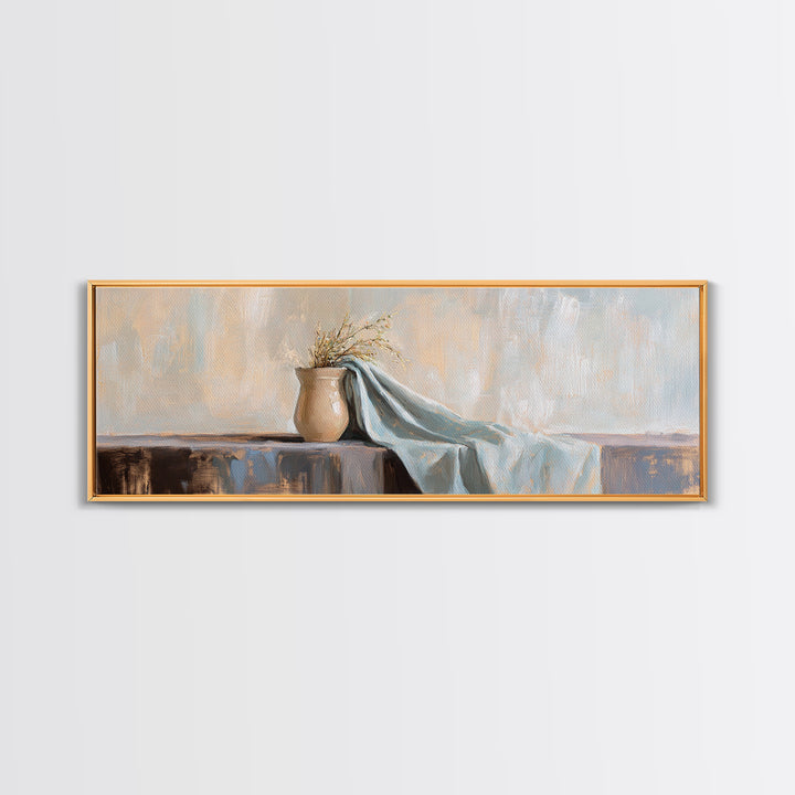 Beige Vase With Dried Grass And Blue Draped Cloth Wall Art, Wabi Sabi Canvas Print, Neutral Home Decor For Living Room Gift