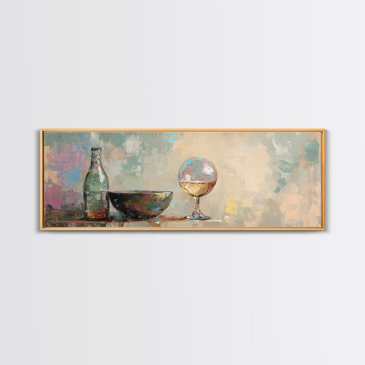 Bottle Bowl And Wine Glass Still Life Canvas Print, Modern Kitchen Wall Art, Dining Room Decor, Neutral Home Decor Gift For Her