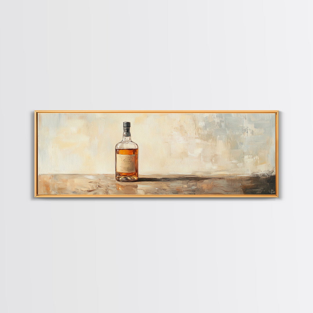 Amber Whiskey Bottle Still Life Framed Canvas Print, Bar Wall Art, Rustic Home Bar Decor, Masculine Man Cave Whiskey Lover Gift