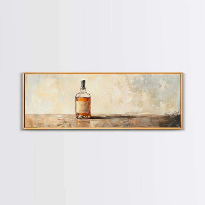 Amber Whiskey Bottle Still Life Framed Canvas Print, Bar Wall Art, Rustic Home Bar Decor, Masculine Man Cave Whiskey Lover Gift