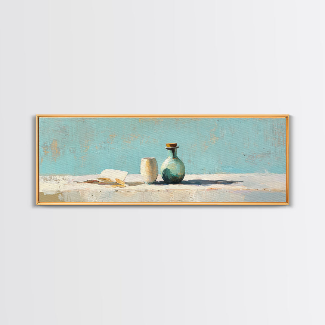 Turquoise Vase And Open Book Canvas Print, Minimalist Wall Art, Coastal Still Life Decor, Modern Japandi Living Room Art