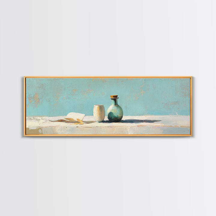 Turquoise Vase And Open Book Canvas Print, Minimalist Wall Art, Coastal Still Life Decor, Modern Japandi Living Room Art