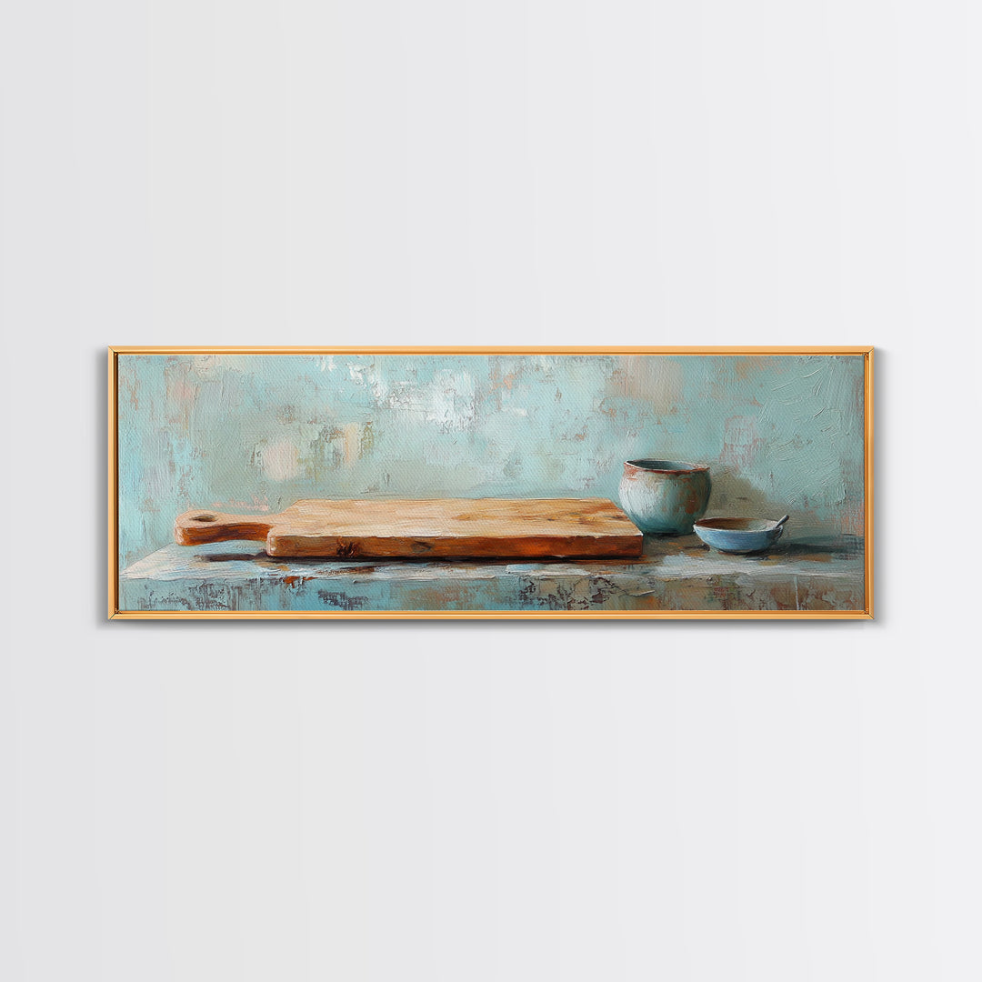 Wooden Cutting Board And Blue Pottery Wall Art, Rustic Kitchen Decor, Farmhouse Art Print, Still Life Painting, Home Decor