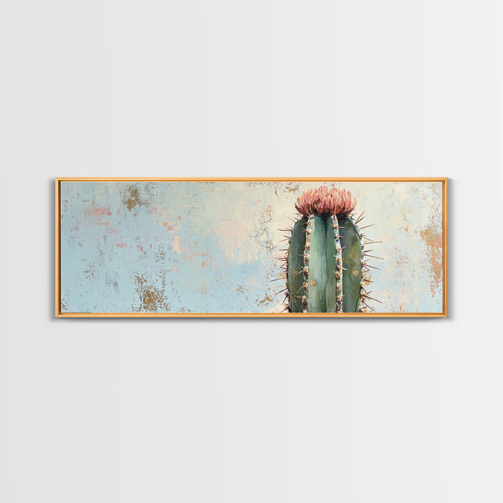 Tall Flowering Cactus Canvas Print, Minimalist Desert Wall Art, Southwestern Botanical Home Decor, Pink Cactus Gift For Her