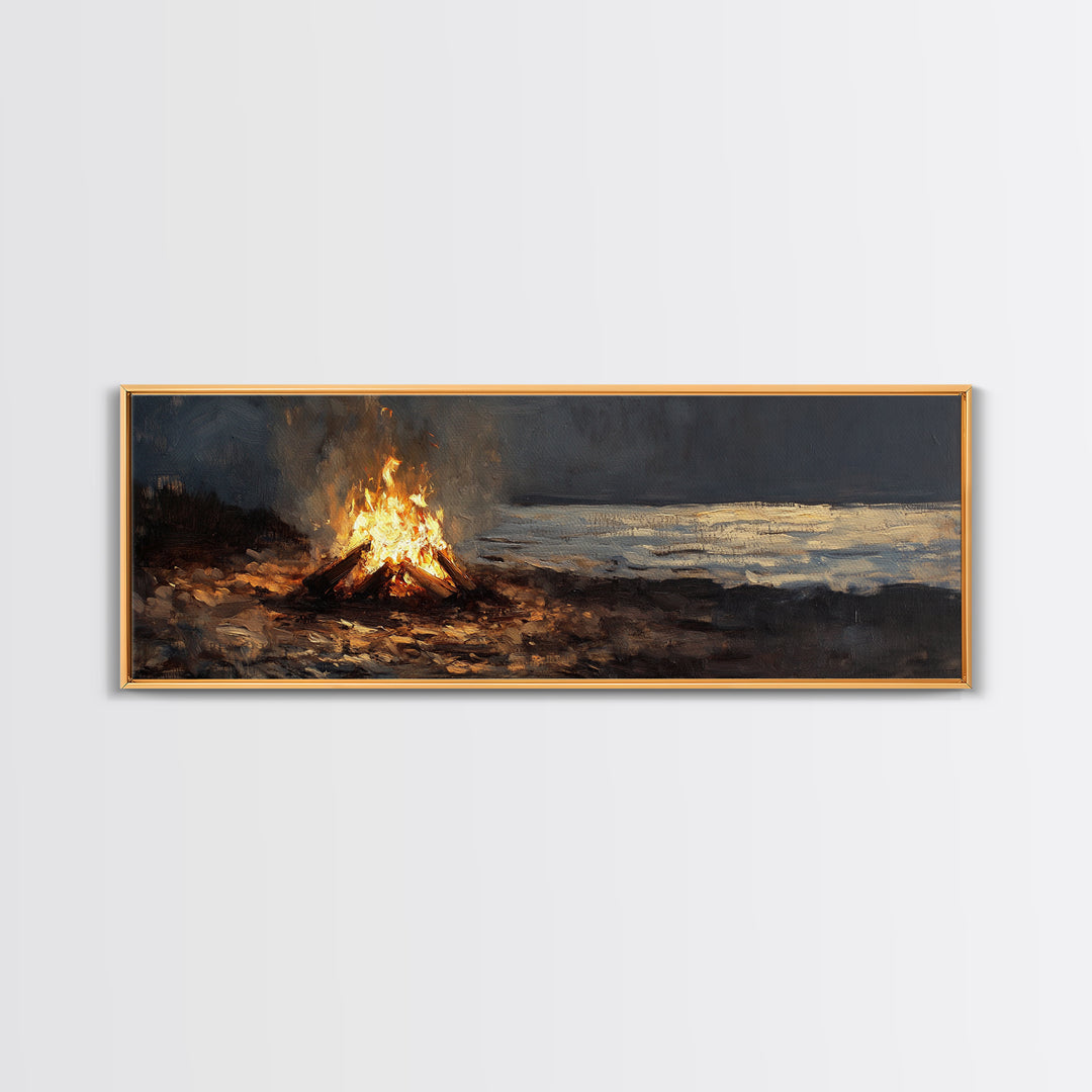Moody Campfire By Dark Shore Wall Art, Rustic Cabin Canvas Print, Night Landscape Living Room Decor, Cozy Masculine Gift For Him