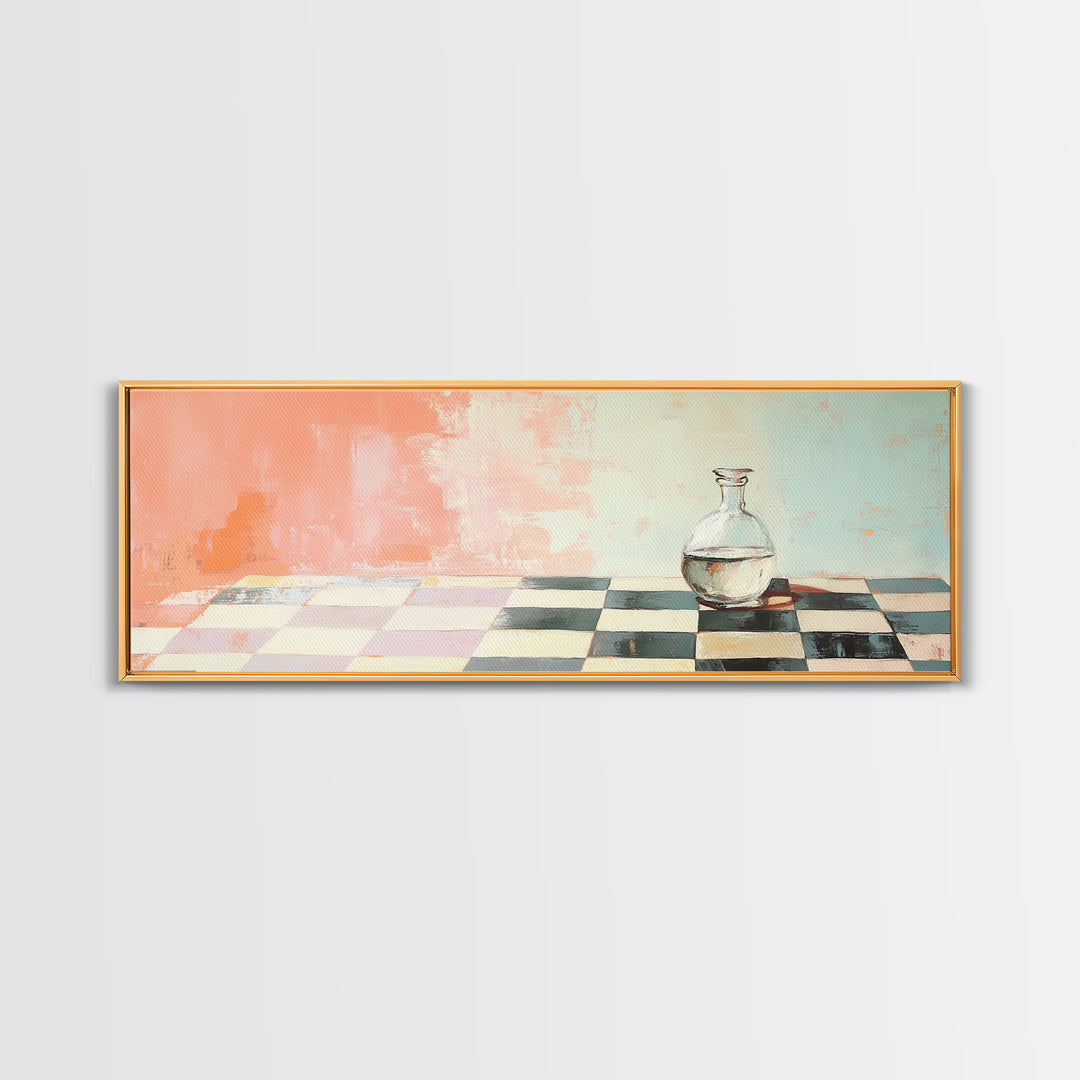 Minimal Glass Bottle On Checkered Table Canvas Print, Pastel Kitchen Wall Art, Modern Minimalist Dining Room Home Decor Print