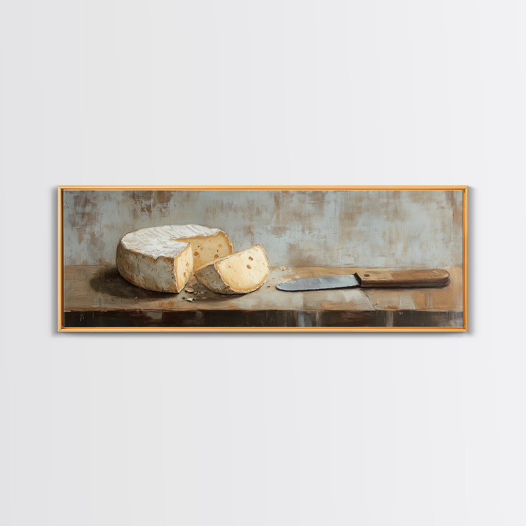 Brie Cheese And Knife Still Life Framed Canvas Print, Rustic Kitchen Wall Art, Farmhouse Dining Room Decor Foodie Gift For Chef