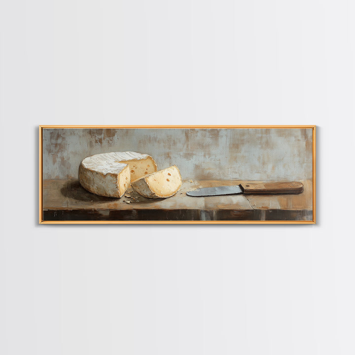 Brie Cheese And Knife Still Life Framed Canvas Print, Rustic Kitchen Wall Art, Farmhouse Dining Room Decor Foodie Gift For Chef