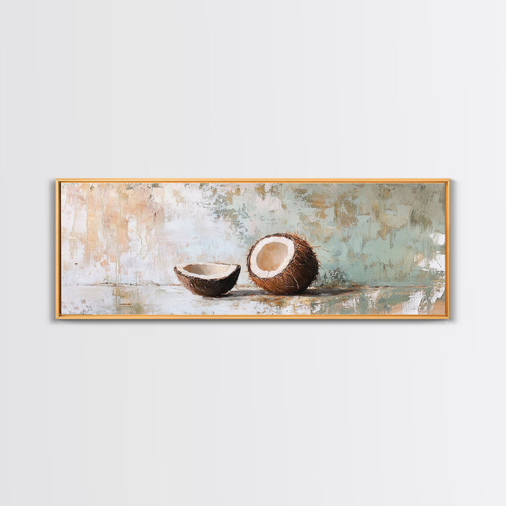 Cracked Coconut Still Life Canvas Print, Tropical Kitchen Wall Art, Coastal Decor, Beach House Decor, Food Illustration Print