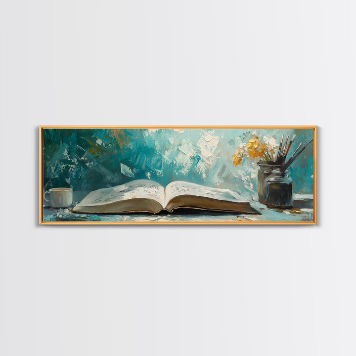 Open Book Still Life Wall Art, Cozy Reading Nook Decor, Library Art Print, Book Lover Gift, Teal Impasto Canvas For Living Room Home Decor
